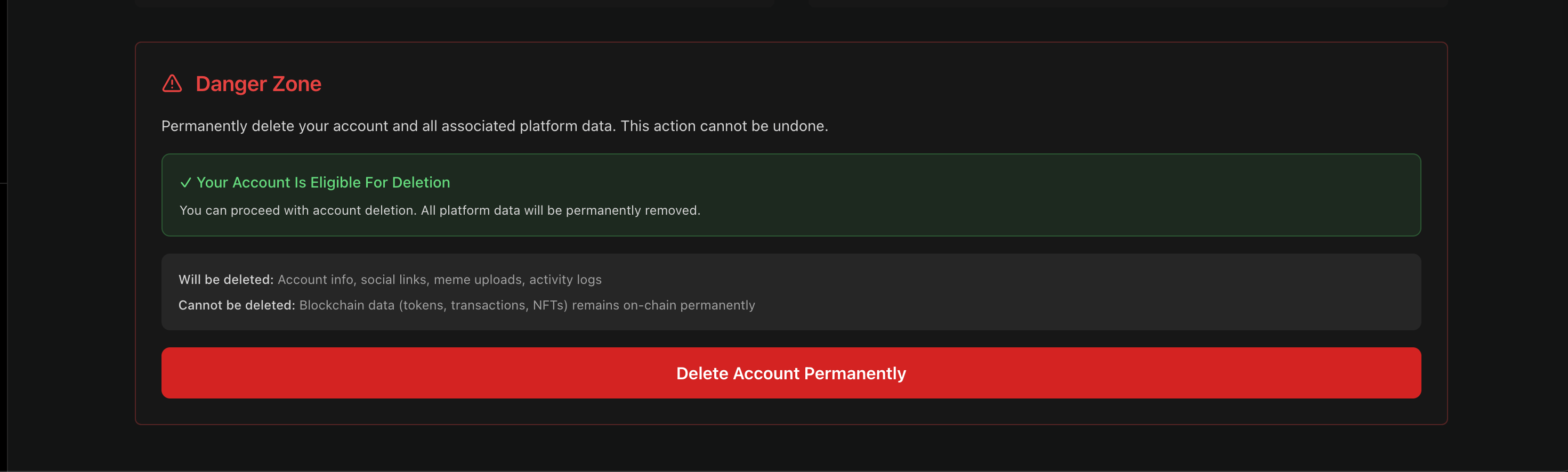 Danger Zone section at bottom of Settings page